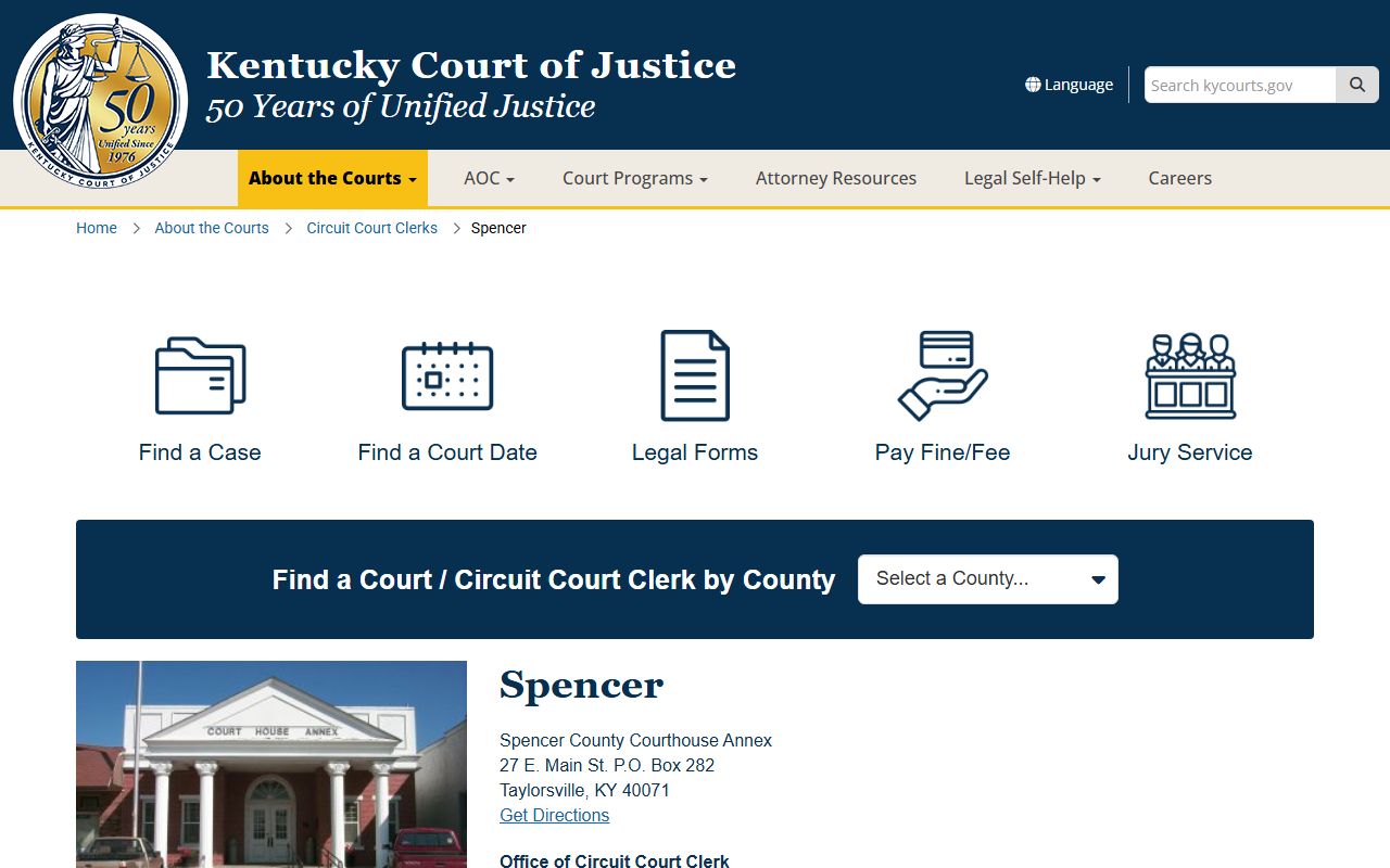 Spencer County court clerk information for courthouse holding cell custody records