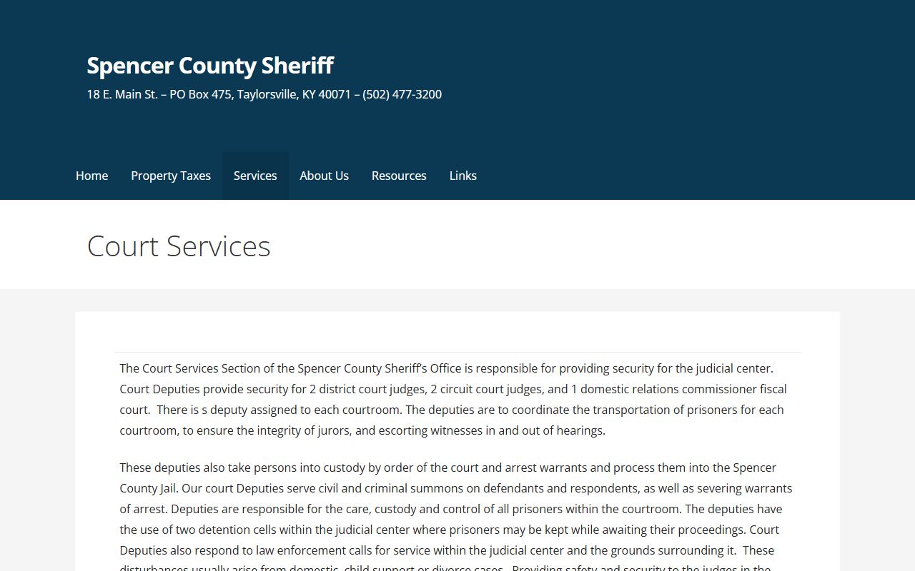 Spencer County Courthouse Annex holding cells court services information for custody records
